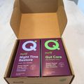 Open cardboard box containing two PurQ supplement products - Night Time Restore with sour cherry and chamomile, and Gut Care with pre and probiotics, both in purple packaging