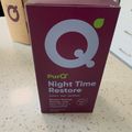 A purple box of PurQ Night Time Restore supplement containing Queen Garnet Powder with Sour Cherry and Chamomile, sitting on a speckled countertop