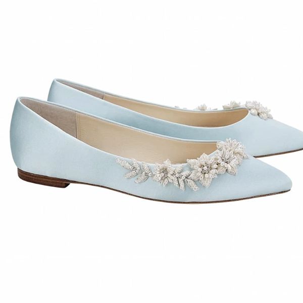 Light Blue Wedding Flats with 3D Floral Pearls | Bella Belle