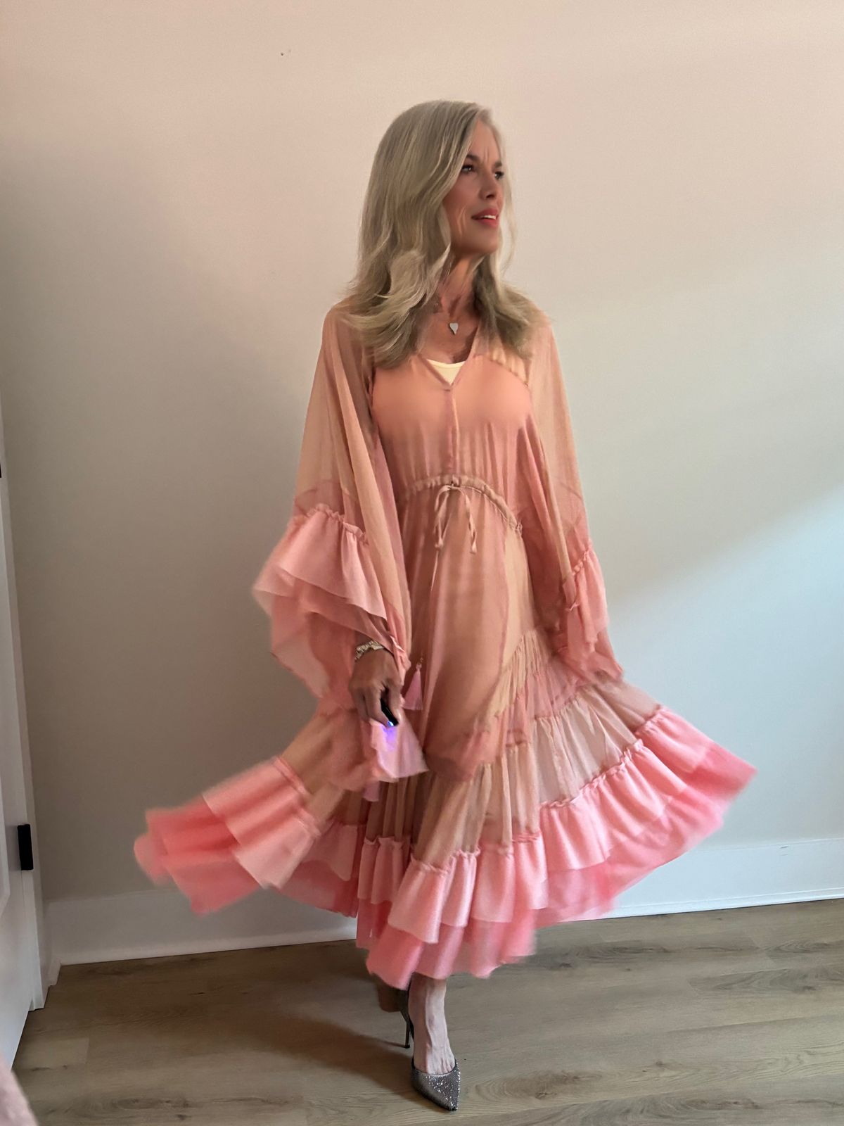 strapless open back dress Pinkblush Pink Floral Square Neck Ruffle Layered Maternity Maxi Dress