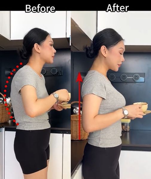 Before and after comparison showing a woman in a kitchen demonstrating improved posture while holding a cup