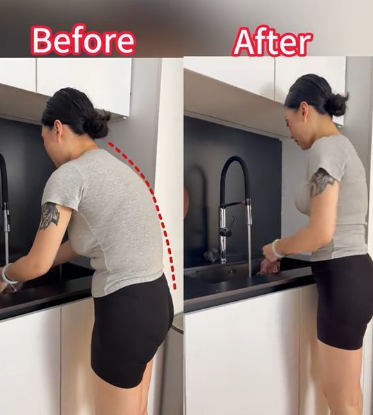 Before and after comparison showing improved posture while working at kitchen sink - person standing straighter with better spinal alignment in the after image