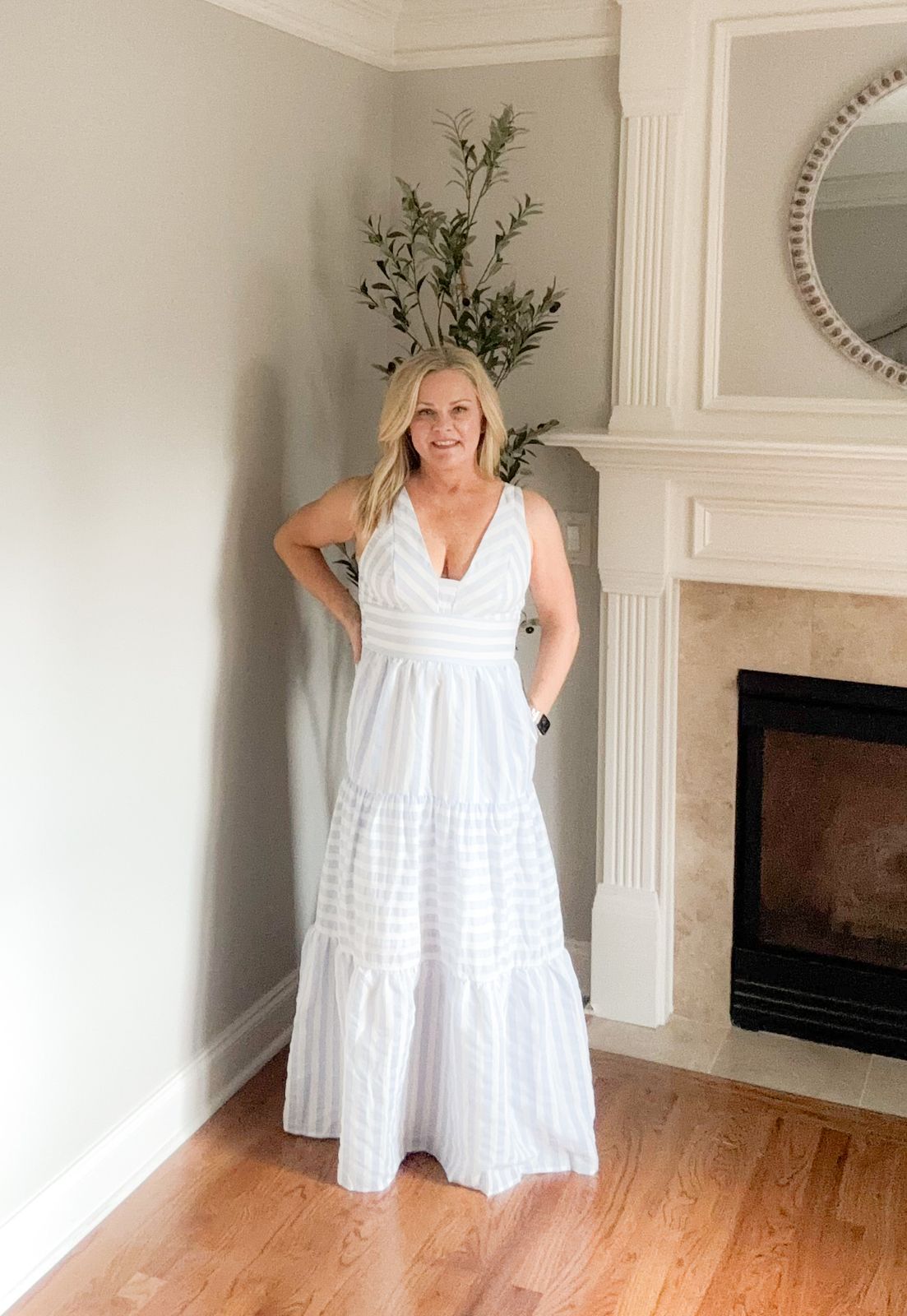 white christmas dresses Axel Maxi Dress Accordion Stripe Cream Navy main image 0
