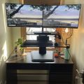 A dual monitor computer workstation setup on a dark wooden desk with keyboard, mouse, and decorative items including a small plant and lamp