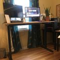 A home office setup with a standing desk, dual monitors, laptop, and plants near a window with blue curtains