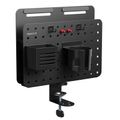 Black pegboard desk organizer with mounted containers and clamp attachment for workspace organization
