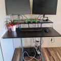 A standing desk setup with dual monitors, keyboard, mouse, and a small plant, with computer equipment stored underneath on a wooden floor