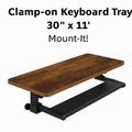 Clamp-on keyboard tray with wooden surface and black adjustable mounting mechanism, measuring 30 inches by 11 inches