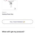 Mobile app screen showing a Mount-it Desktop Power Strip product page with tracking and support options