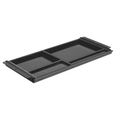Black rectangular tray or organizer with multiple compartments and sliding components