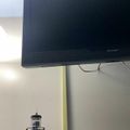 A black Sharp television mounted on a pole with a lighthouse visible in the background against a white wall