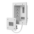 In-wall electrical outlet box with brush grommets and connected wall plate for cable management
