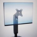 Computer monitor on adjustable stand displaying a shadow silhouette on screen