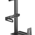 Black adjustable computer tower stand with mounting brackets and cable management features