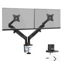 Dual monitor desk mount arm with adjustable positioning and clamp base