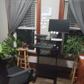 A home office workspace with a standing desk setup featuring a monitor, keyboard, and office chair, surrounded by several potted plants near two windows with gray curtains and wooden frames.