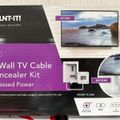 Mount-It brand In-Wall TV Cable Concealer Kit product packaging showing before and after images of a wall-mounted TV with hidden cables and recessed power outlets