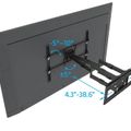 TV wall mount bracket showing adjustable tilt angles of -5 to 10 degrees, swivel range of ±5 degrees, and extension distance of 4.3 to 38.6 inches from wall