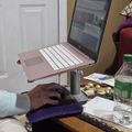 A laptop computer mounted on an adjustable stand with a person's hand using a wireless mouse on a purple mouse pad at a desk workspace