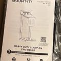 Installation manual for Mount-It Heavy-Duty Clamp-On CPU Mount showing product diagram and contact information