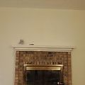 A brick fireplace with white mantel and glass doors in a room with beige walls and hardwood flooring