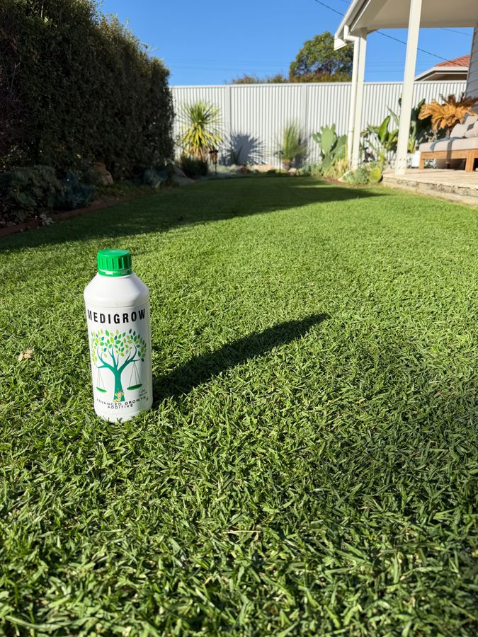 Medigrow bottle on a lush green home lawn