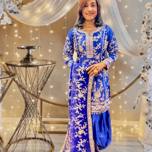 Royal Blue Embroidered Satin Punjabi Suit