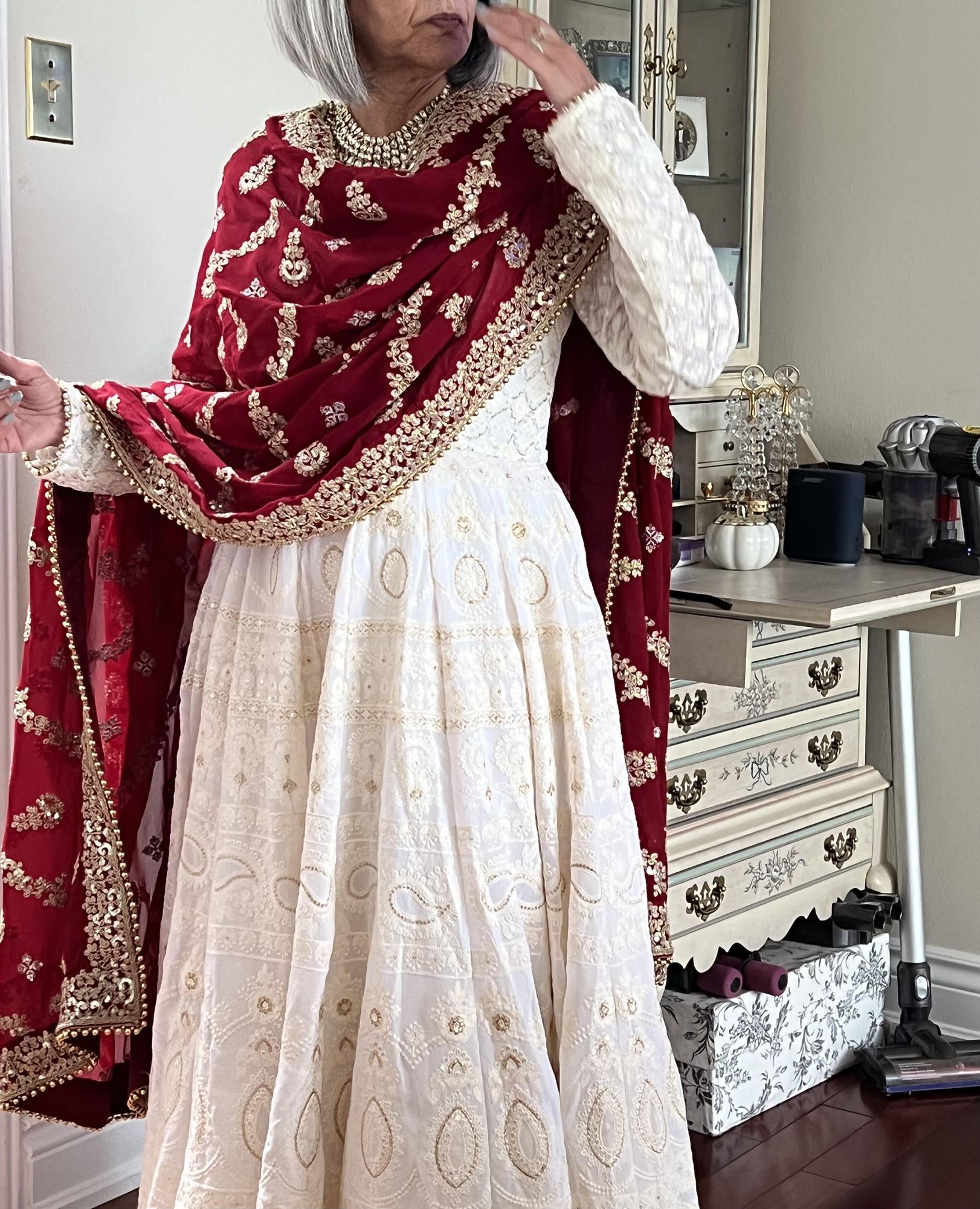 Off White Anarkali With Maroon Dupatta Lashkaraa