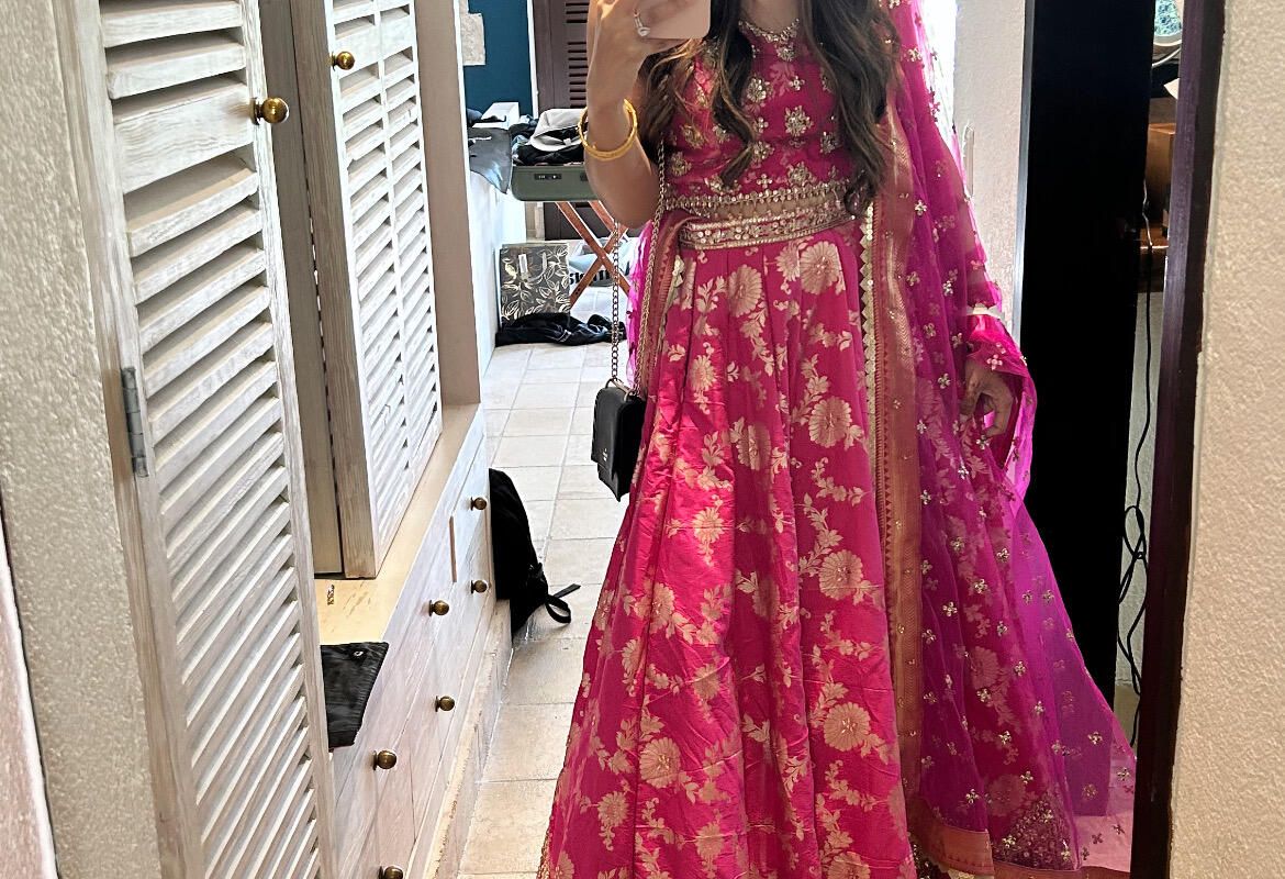 green emerald velvet dress Pink & Gold Traditional Indian Bridal Silk Wedding Outfit with Net Dupatta.  [product_title] | OORVI DESAI
