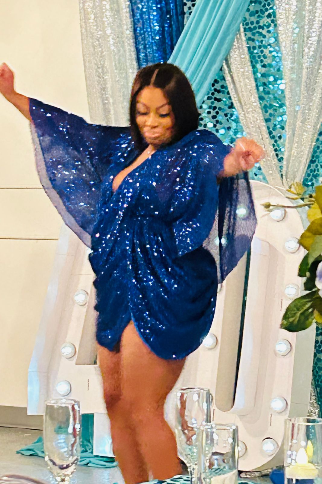 blue and white print midi dress Pippa Silver Disco Sequin Mini Dress main image 1