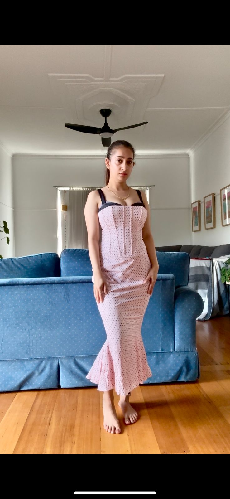 Valentina Layered Bra-Detail Fishtail Midaxi Dress in Pink Polka Dot | Oh  Polly
