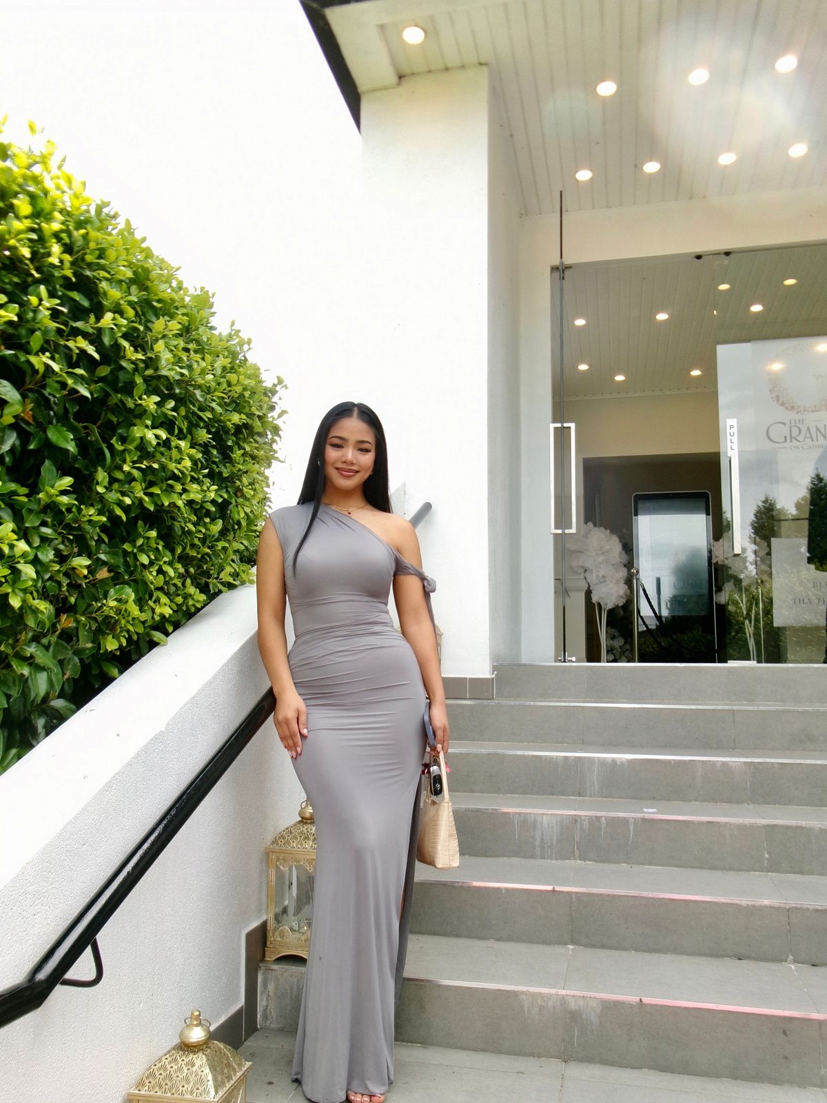 oh polly grey suede dress Embellished Bandeau Cowl-Waist Maxi Dress in Silver - 10 / Regular main image 0