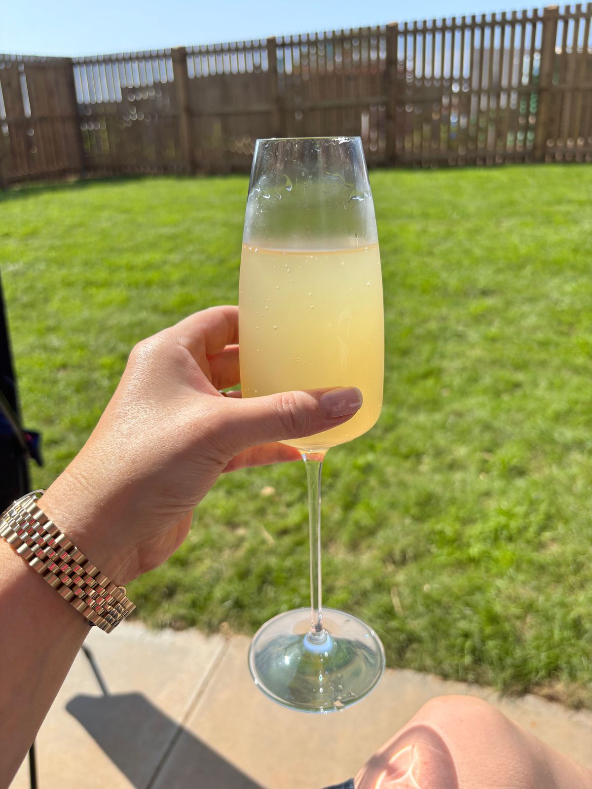 A hand holding a champagne flute filled with sparkling wine outdoors in a sunny backyard with green grass and wooden fence