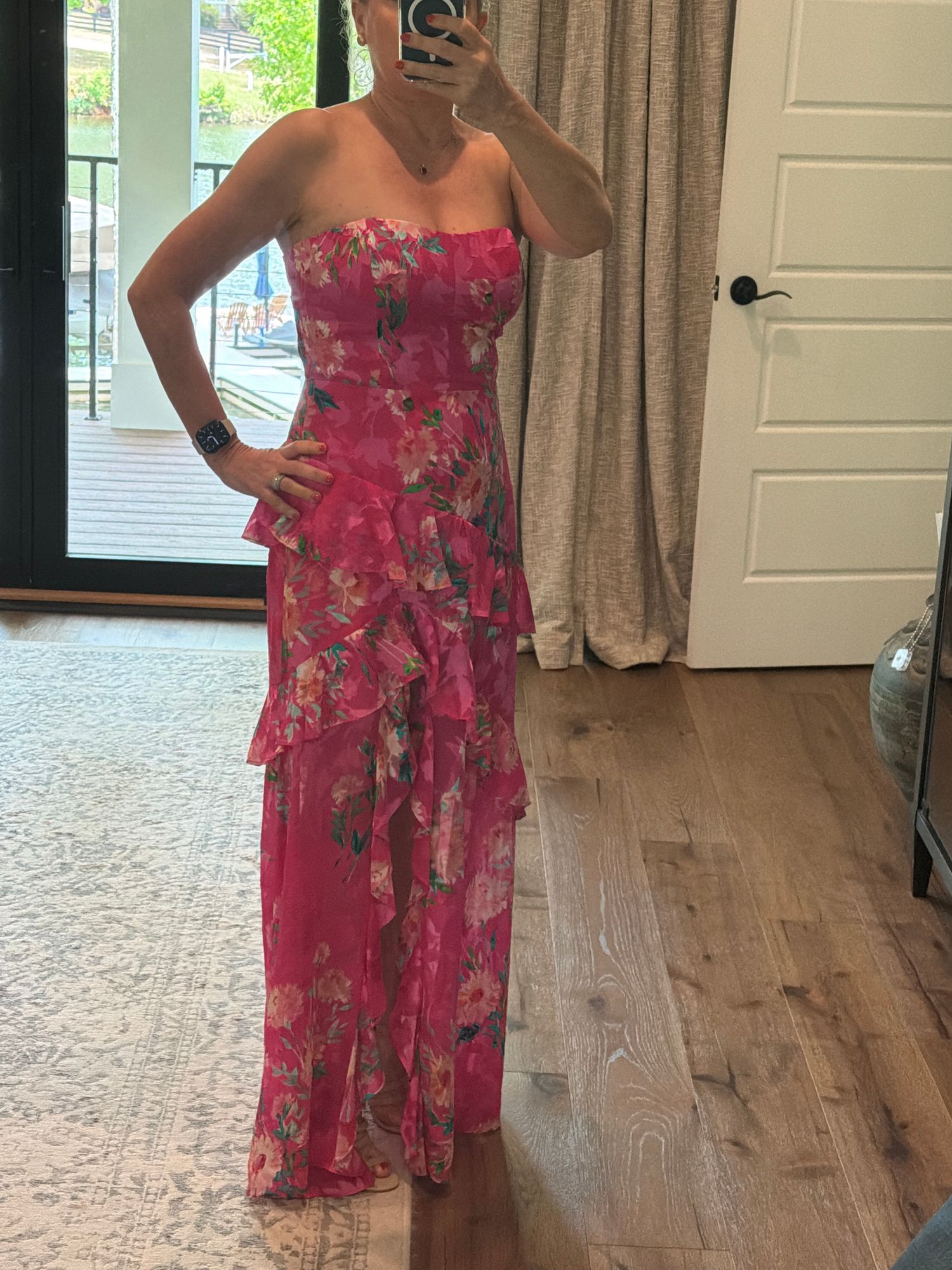 open lace back dress Inara Light Pink Floral Print Ruffle Maxi Dress - 18 main image 1
