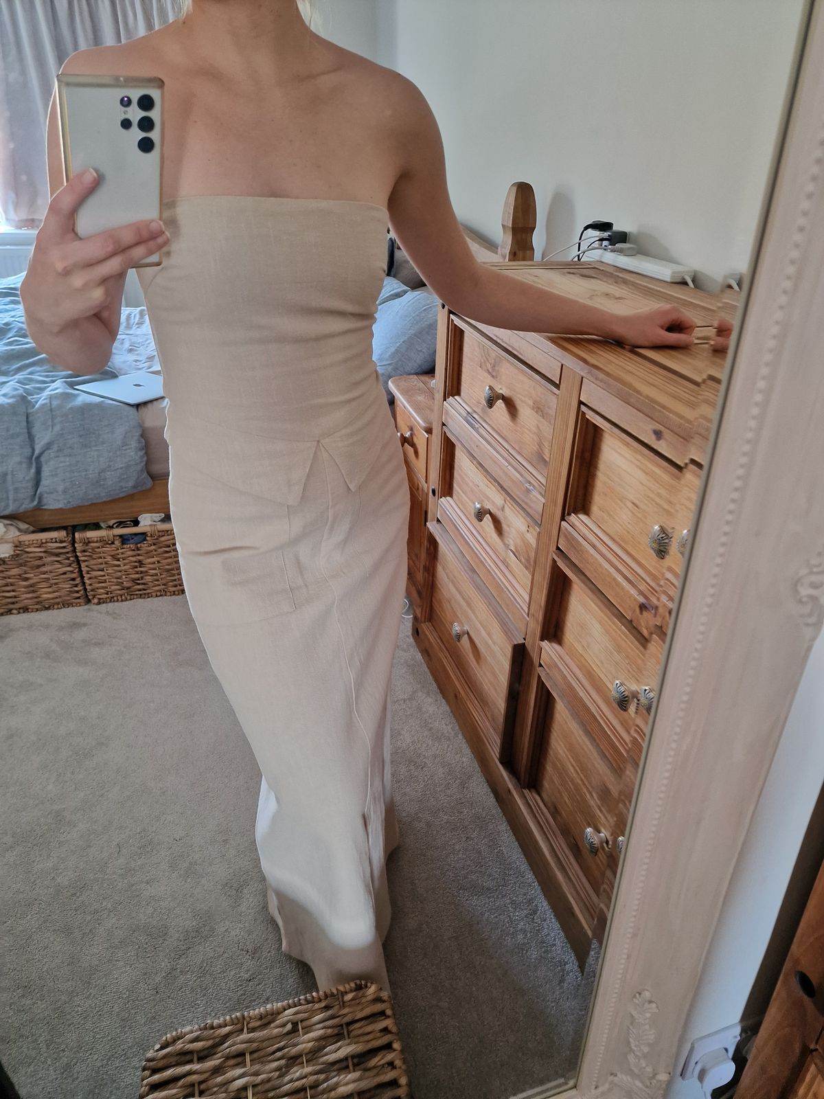 beige strapless dress for spring BEIGE STRAPLESS MIDI DRESS WITH FABRIC FLOWERS | CULT MIA main image 1