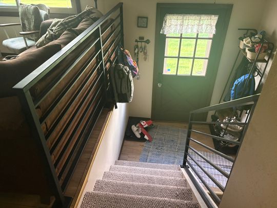 A bedroom with bunk beds featuring metal railings, a green door with window, and carpeted stairs leading down from an upper level