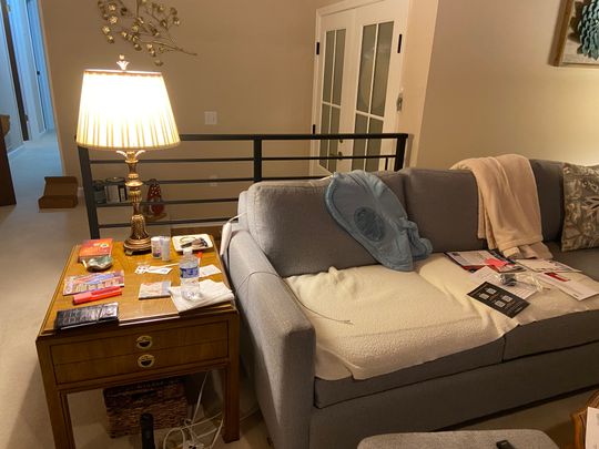 A cozy living room with a gray sectional sofa, wooden side table with lamp, magazines and books scattered on furniture, and warm lighting from a table lamp with pleated shade