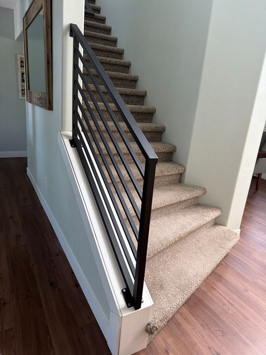Interior staircase with beige carpeted steps, black metal railing with vertical bars, white walls, and hardwood flooring