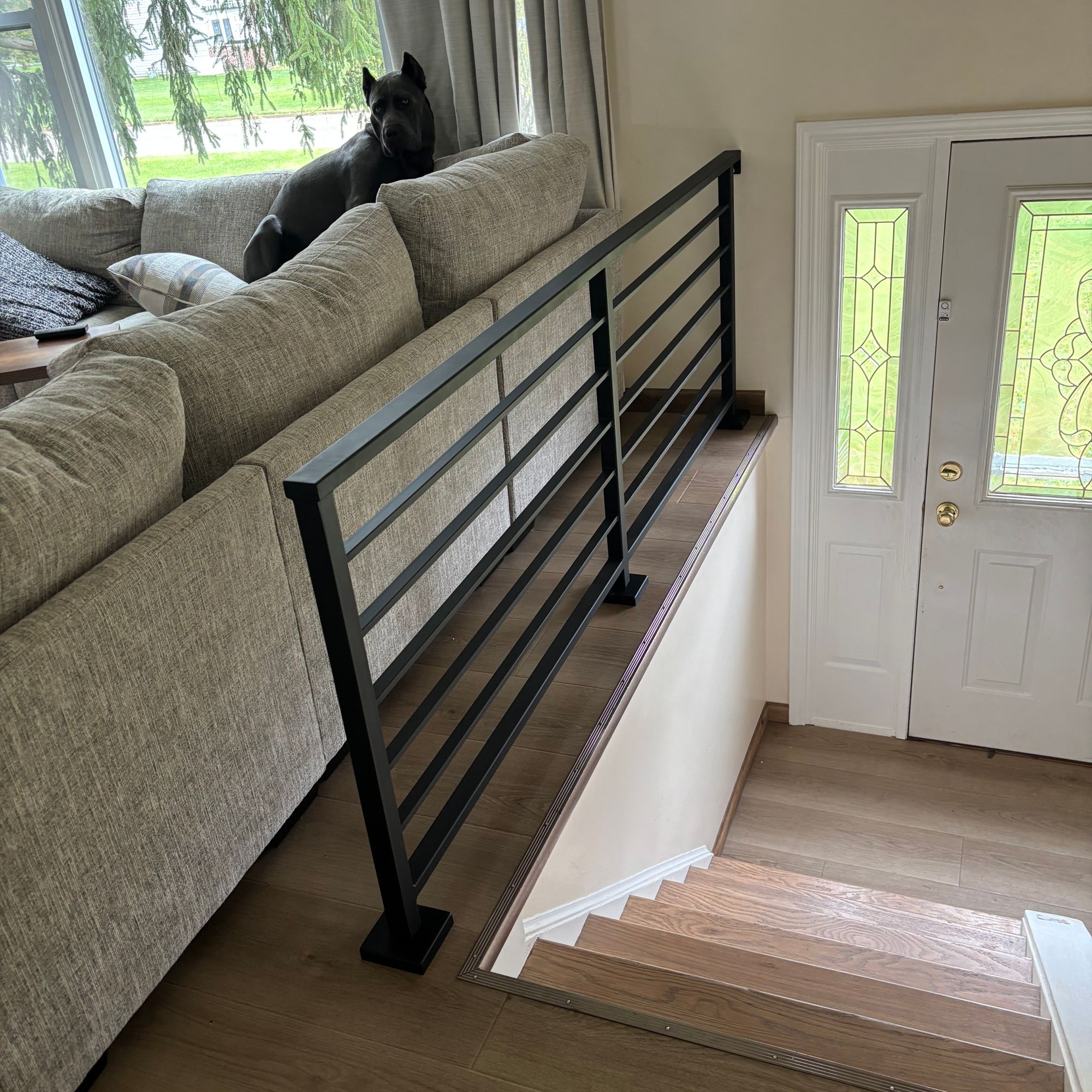Interior view showing a gray sectional sofa with a black dog, black metal stair railing, wooden steps leading down, and white French doors with decorative glass panels