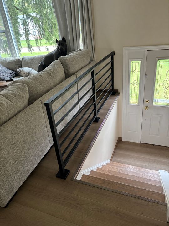 Interior view showing a gray sectional sofa with a black dog, black metal stair railing, wooden steps leading down, and white French doors with decorative glass panels