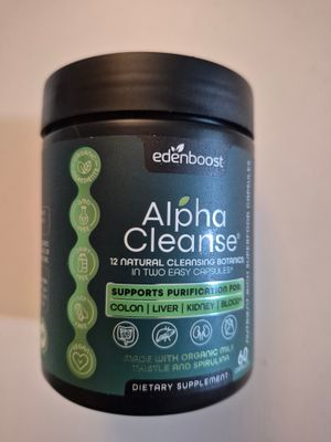Customer-uploaded image. Click to see more details. The image represents: A dark glass jar of Edenboost Alpha Cleanse dietary supplement featuring 12 natural cleansing botanics in capsule form, with labeling indicating support for colon, liver, kidney and blood purification.