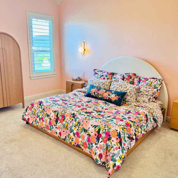 Rifle Paper Co Percale Duvet Cover Garden Party floral print on bed