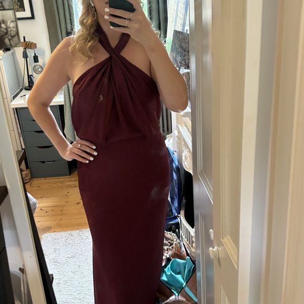 Rent Asos Edition Satin Ruched Halter Neck Maxi Dress In Wine In Burgundy |  Hirestreet