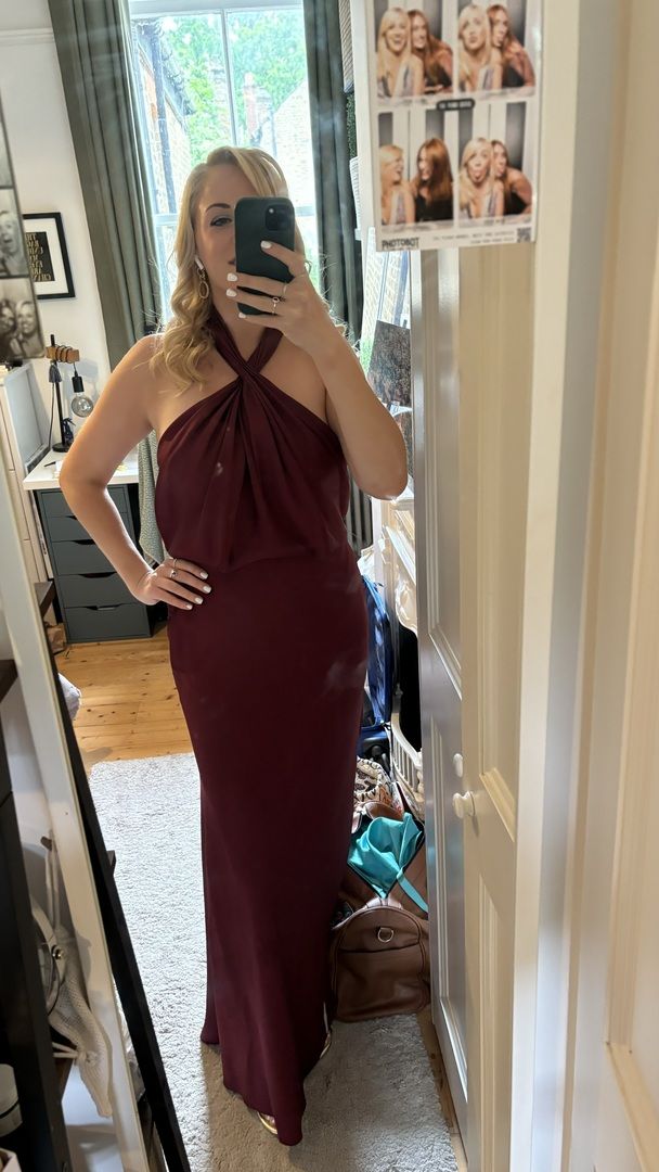Rent Asos Edition Satin Ruched Halter Neck Maxi Dress In Wine In Burgundy |  Hirestreet