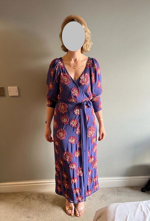 knee length dresses for ladies Rent Asos Edition Sequin Wrap Midi Dress In Floral Sequin In Purple main image 1