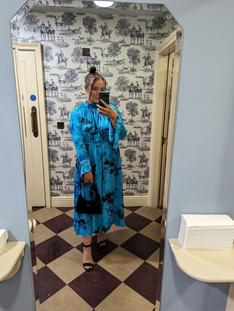 knee length dresses for ladies Rent Asos Edition Floral Embroidered Organza Midi Dress In Steel Blue main image 0