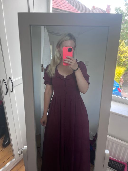 burgundy flossie midi dress Rent Nobody's Child Midaxi Red Lightweight woven fabric with occasion-Easter occasion-Semi Formal Johnny Was Mertina Embroidered Color:Brown Linen