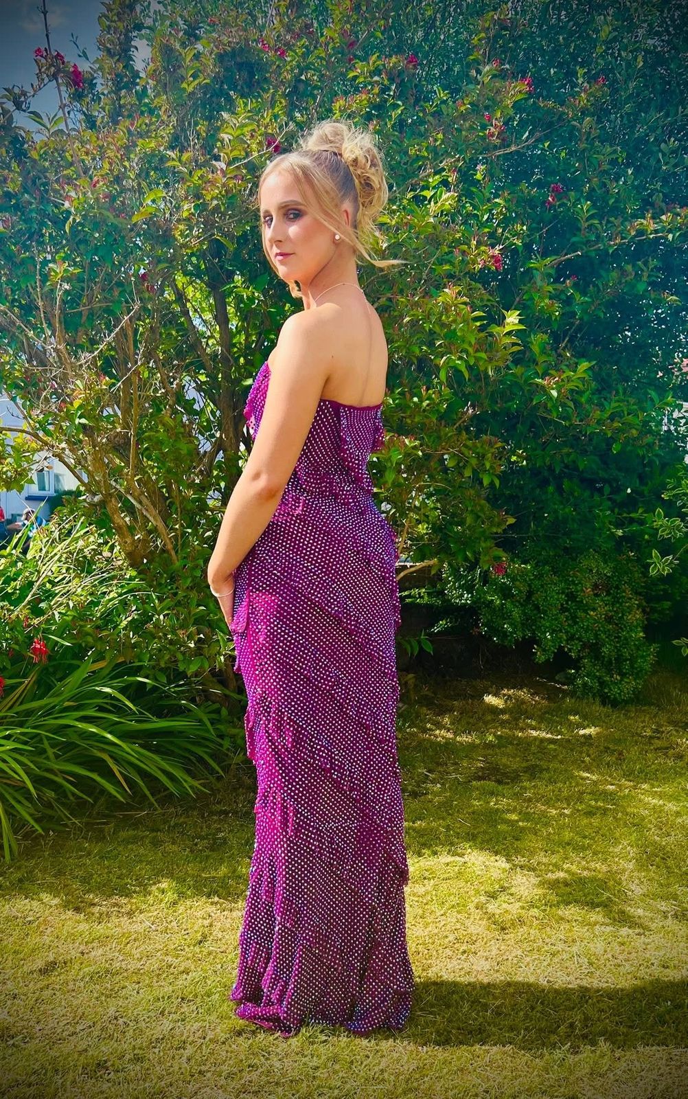 Rent Oh Polly Dulce Embellished Strapless Ruffle Maxi Dress in Plum |  Hirestreet