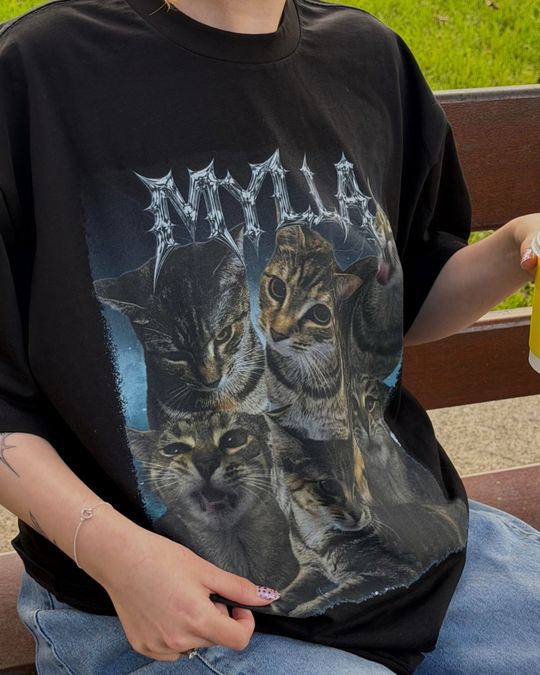 Isadora wearing her custom cat graphic tee