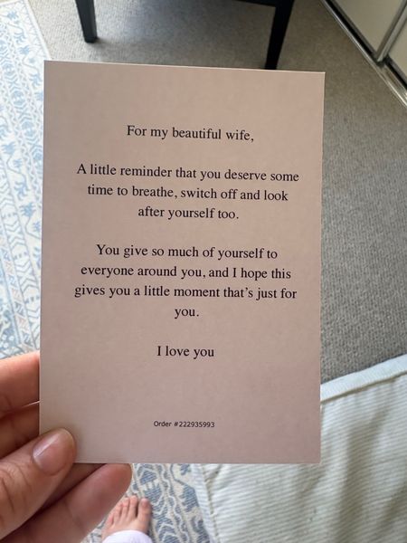 Customer photo: a handwritten gift card from a husband to his wife